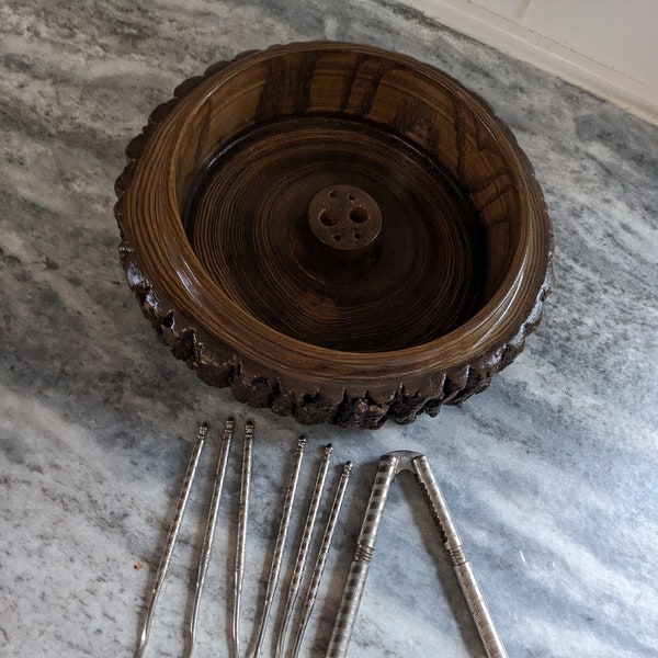 Vintage Turned Oak Nut Bowl with Cracker and Four Picks