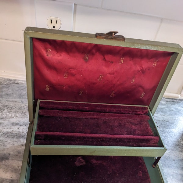 Vintage Mele Green Jewelry Box Maroon Gold Lining Velvet Vanity Retro Storage 1950