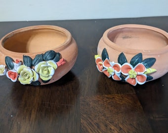 Vintage Pair of Terra Cotta Planter Bowls with Sculpted Flower Decor