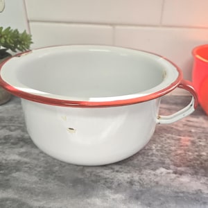 Vtg White Enamel Finish Chamber Pot with a Red Rim and Handle   Planter Option