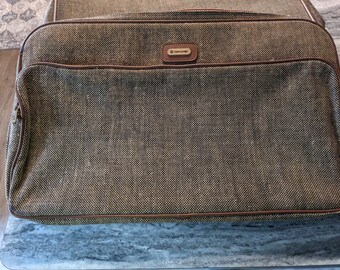 Vintage Pair of Brown Tweed Sampsonite Soft Sided Luggage Travel Cases