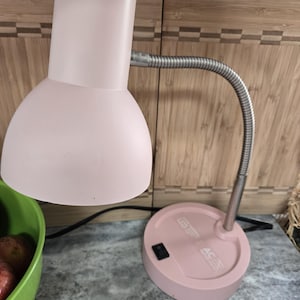 May include: A pink desk lamp with a flexible gooseneck and a round base. The lamp has a white switch on the base and the text "AC 120V 60Hz" is printed on the base.