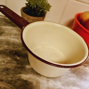 Vtg Cream and Brown Enamelware Saucepan