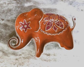 Vtg Pewter Silver and Orange Embellished Elephant Image Jewelry Dish
