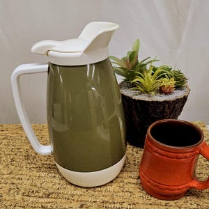 Vintage Avocado Green and White Thermo-Serv Insulated Coffee Carafe by West Bend