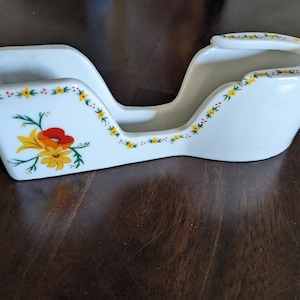 Vintage White Ceramic MCM  Table Ware Spoon Rest     Orange and Yellow Flower