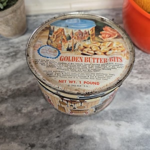 Vintage Tin Can of  &quot;  Golden Butter Bits  &quot; Candy Product from Mrs. Leland