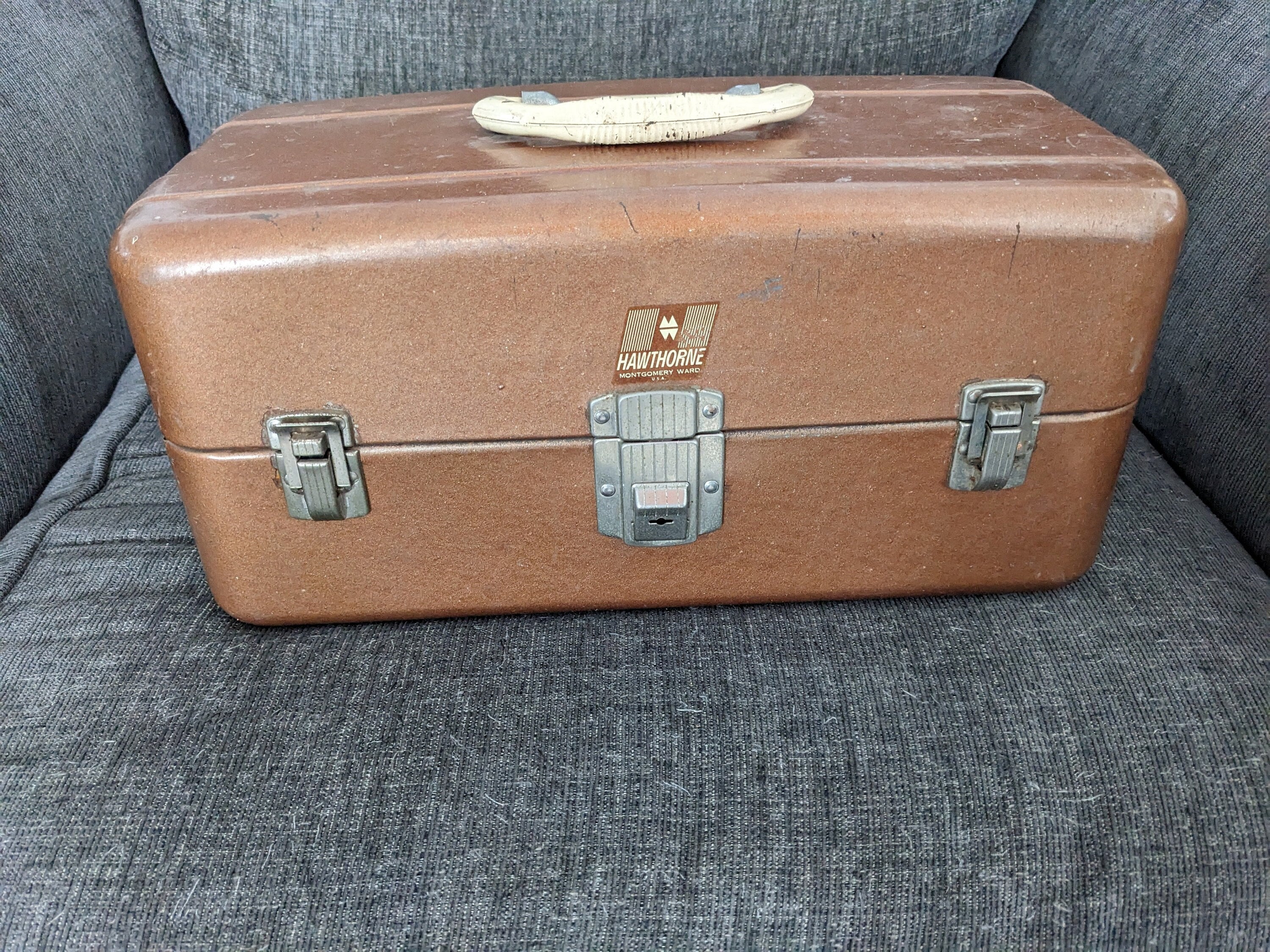 Vintage Steel Fishing Tackle Box Hawthorne Brand by Montgomery Ward 