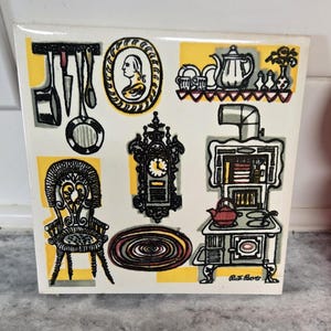 May include: A square ceramic tile featuring a vintage kitchen scene. The design includes a stove, clock, chair, and kitchen utensils. The color palette is black, white, yellow, and red. The tile is signed "Ruth Bover".