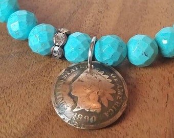 Turquoise Beaded Bracelet: Vintage Indian Head Penny, Cowgirl Style