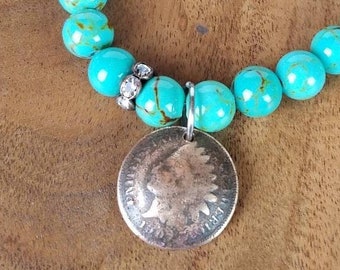 Teal Magnesite Beaded Stretch Bracelet with Vintage Indian Head Penny