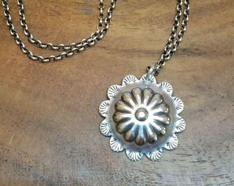 Hand Stamped Sterling Silver Flower Concho Necklace - Western Style