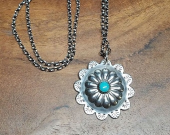 Sterling Silver Turquoise Flower Concho Necklace - Western Style