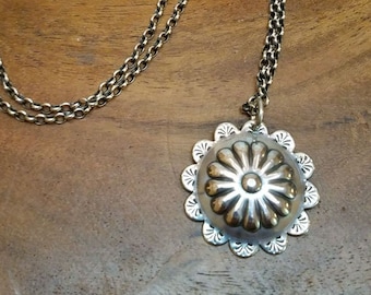 Hand Stamped Sterling Silver Flower Concho Necklace - Western Style