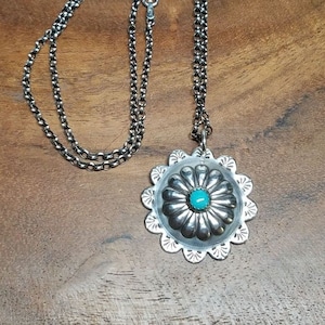 Western Style Sterling Silver Flower and Turquoise Concho Necklace, Southwest Hand Stamped Flower Concho Silver Necklace