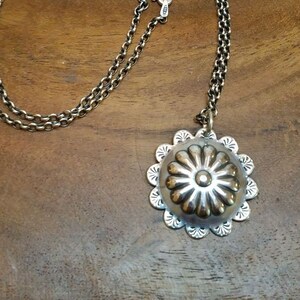 Western Style Sterling Silver Flower  Concho Necklace, Southwest Hand Stamped Flower Concho Silver Necklace