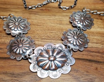 Sterling Silver Flower Concho Necklace: Western Hand Stamped Statement Jewelry