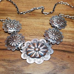 Western Style Sterling Silver Flower Concho Necklace, Southwest Hand Stamped Flower Concho Silver Statement Necklace