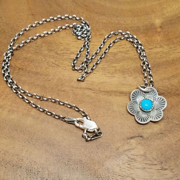 Desert Bloom Hand Stamped Sterling Silver Flower Pendant with Blue Turquoise Necklace, Southwest Style Turquoise Flower Necklace