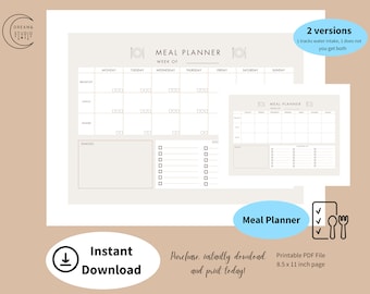 Minimalist Weekly Meal Planner Template, Weekly Meal Planner Snack List, Weekly Meal Planner Shopping List