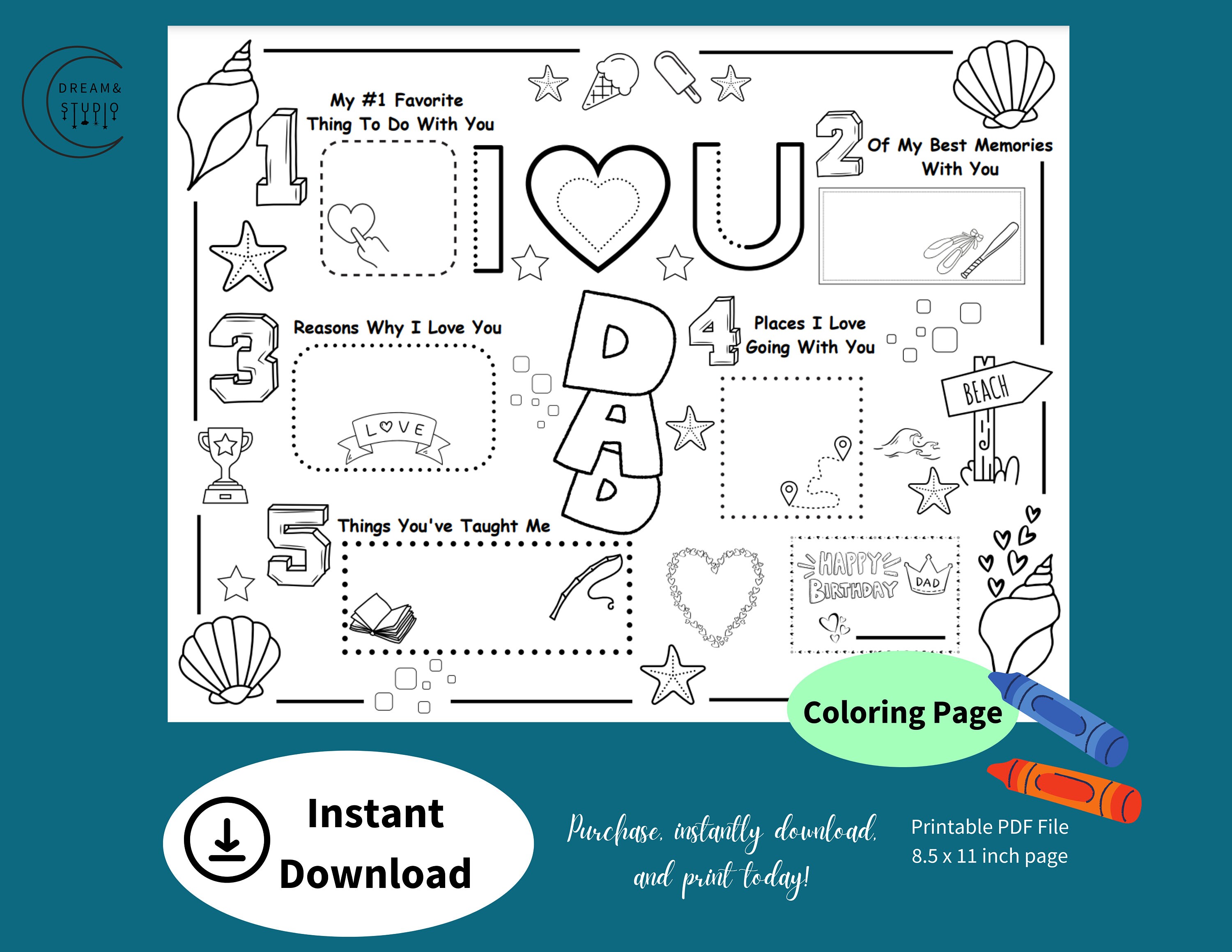 I Love You Dad Birthday Printable Coloring Page Birthday Gift for Dad ...