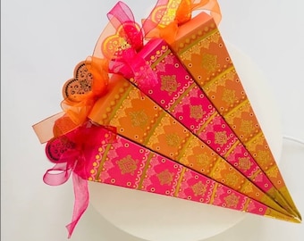 Dhol Mendhi Mehndi Dholki Wedding Favours Candy Cone Shaped Boxes Sweets Gifts For Guest Pink Orange Favours