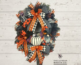 Halloween Wreath, Pumpkin Gnome Wreath, Halloween Front Door Decor, Halloween Door Hanger, Halloween Porch Decor