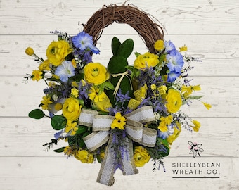 Bunny Grapevine Wreath, Yellow Purple Florals, Spring Summer Decor