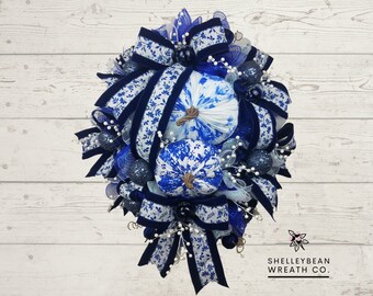 XL Fall Wreath, Pumpkin Wreath, Blue and White Wreath, Front Door Decor, Pumpkin Decor, Fall Pumpkin Front Door, Autumn Wreath