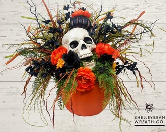 Halloween Skull Centerpiece  Halloween Porch Decor  Orange and Black Decor  Halloween Tabletop
