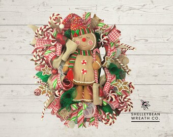 Christmas Wreath, Gingerbread Centerpiece, Christmas Front Door, Gingerbread Man Decor