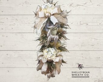 Gold Christmas Swag, Glitter Reindeer, Winter Door Decor