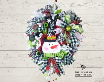 Snowman Christmas Wreath, Black and White Check Ribbon, Front Door Decor