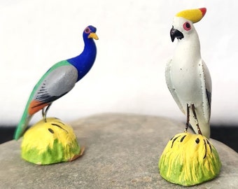 2 Tiny Clay Birds, Handmade Artisan Peacock & Cockatiel Miniatures, India