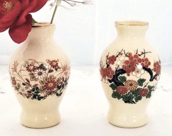 Japanese Satsuma Miniature Vintage Vases w/ Crackle Glaze - Pair