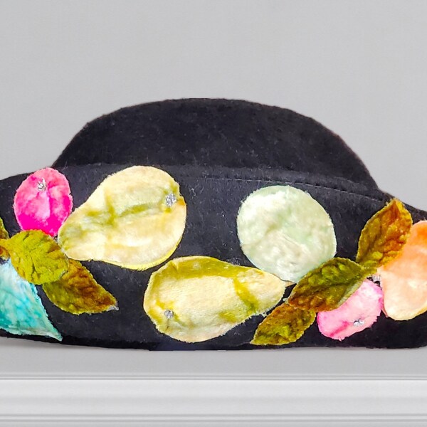 Vintage MAHARA Wool Hat, Black Mohair w/ Colorful Velour Fruit