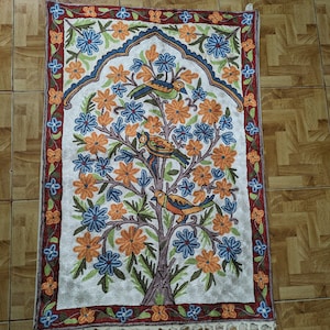Kashmiri Tree of Life, Silk Rug, Wall Hanging, Chainstitch Rug, Living Room Decor Rug,  Embroidered Rug, Wall Tapestry, 2x3