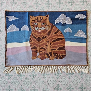 Wild Cat Wall Rug Hanging | Kashmiri Chainstitch Embroidered Rug | 2x3 ft Handmade Tapestry | Jungle Cat Wall Art | Made in Kashmir