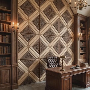 Può includere: Un lussuoso ufficio domestico con una grande scrivania in legno, una sedia in pelle e librerie a muro. Il punto focale è un pannello decorativo a parete con un motivo geometrico nei toni del marrone e beige. Un lampadario e una lampada da scrivania illuminano.