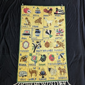 Large Kids Learning Rectangular Hand Embroidered Alphabet Wall-Hanging, Nursery Rug From Kashmir, Kashmiri Chainstitch Decor