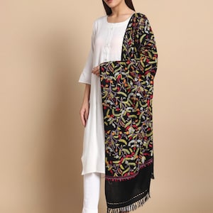 Black Kashmiri Wool Stole | Hand Aari Embroidery | Pure Wool Wrap | Elegant Winter Shawl | Gift for Her | Handmade in Kashmir