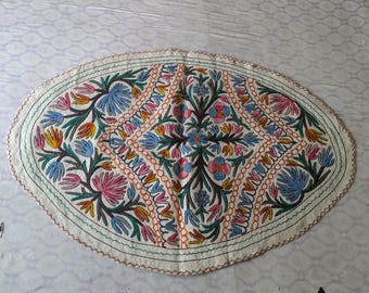 Oval Namda Rug | Made in Kashmir, Felted Hand Embroidered Rug. Boho Rug, Woolen Rug, Living Room rug 6x4 feet