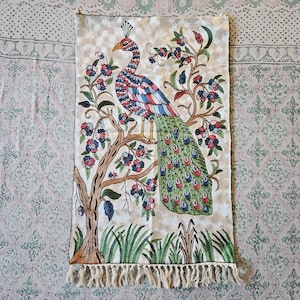 Marvellous Handmade Kashmiri Peacock Silk Rug Wall Hanging | Chainstitch Embroidery | 2x3 ft | Good Vibes Living Room Decor Tapestry