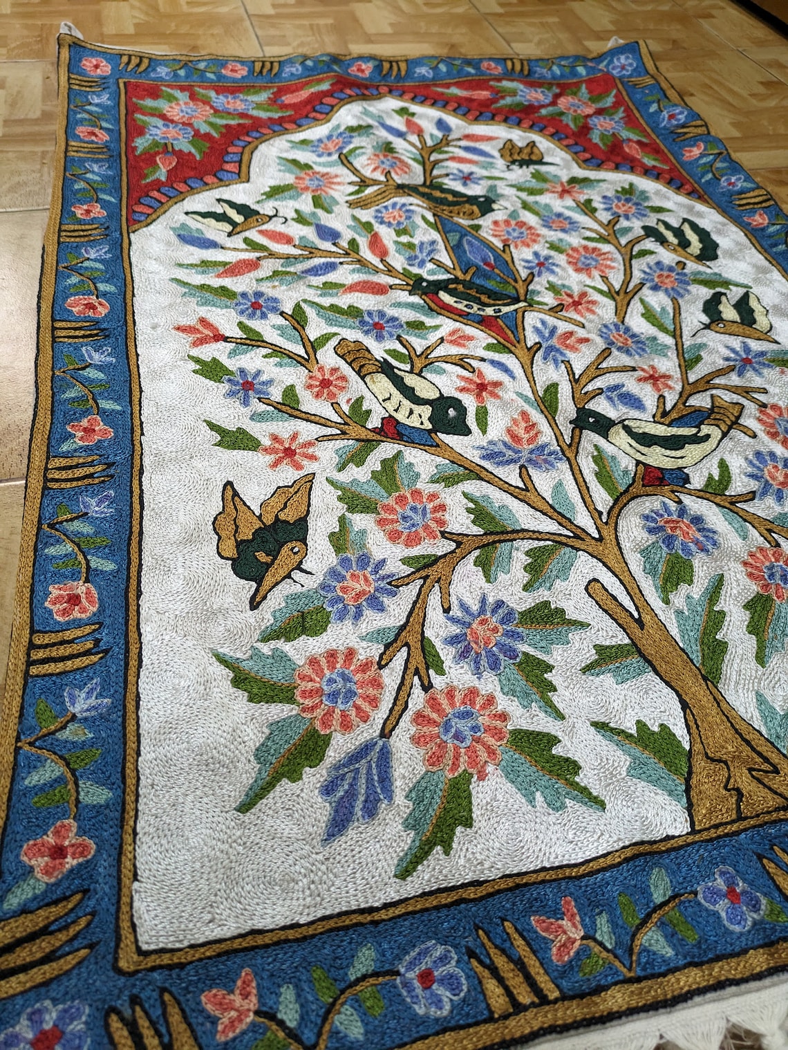 Kashmiri Tree of Life, Bird Silk Rug, Wall Hanging, Chainstitch Rug ...