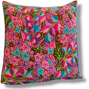 Pair of 16"x16" (40x40cm) Kashmiri Handmade and Embriodered Decorative Floral Pattern Throw Pillow / Cushion Cover