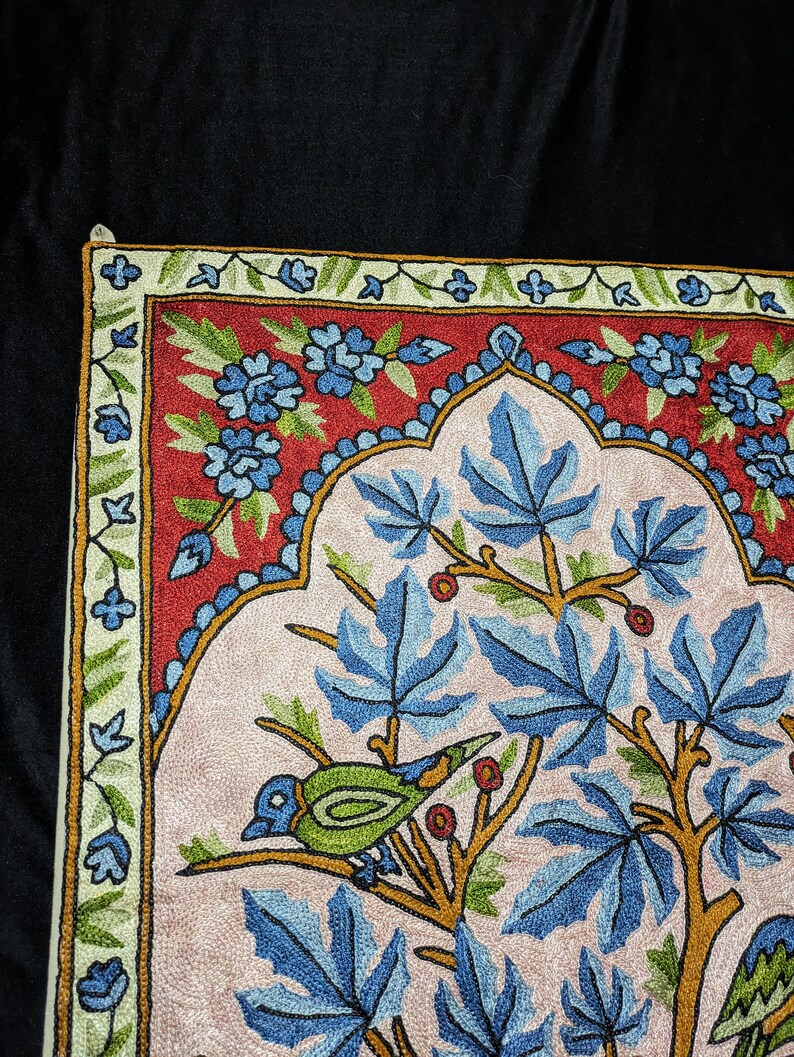 Unique Kashmiri Handmade Tree of Life Wall Hanging, Chainstitch Embroidery, Living Room Decor
