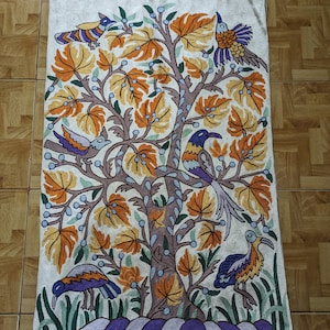 Kashmiri Tree of Life, Silk Rug, Wall Hanging, Chainstitch Rug, Living Room Decor Rug,  Embroidered Rug, Wall Tapestry, 2x3