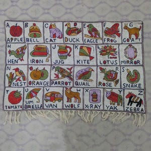 Toddler Abc Rectangular Hand Embroidered Alphabet Wall-Hanging, Nursery Rug From Kashmir, Kashmiri Chainstitch Decor