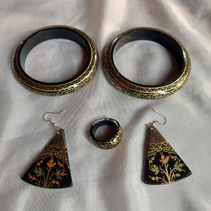Kashmiri Paper Mache Handmade Negro Chinar Diseño Jewellery Set