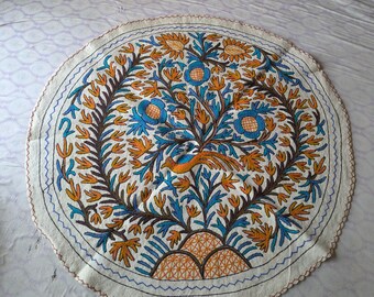 Floral Kashmiri Rug, Handmade 5ft Round Aari Embroidered Namda, Pure Wool Accent Rug for Home Decor